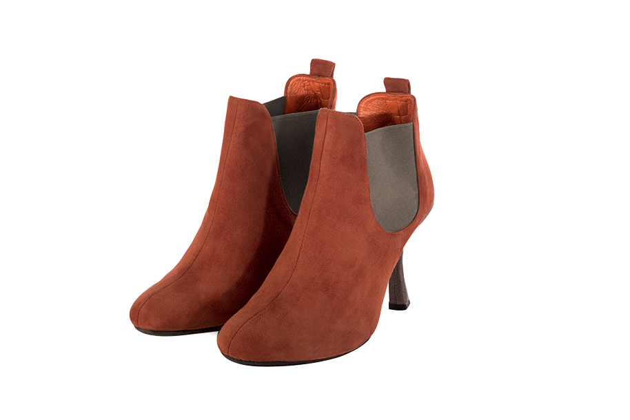 Women's terracotta orange and taupe brown elegant Chelsea ankle boots, with side elastics. Round toe. High spool heels - Front view